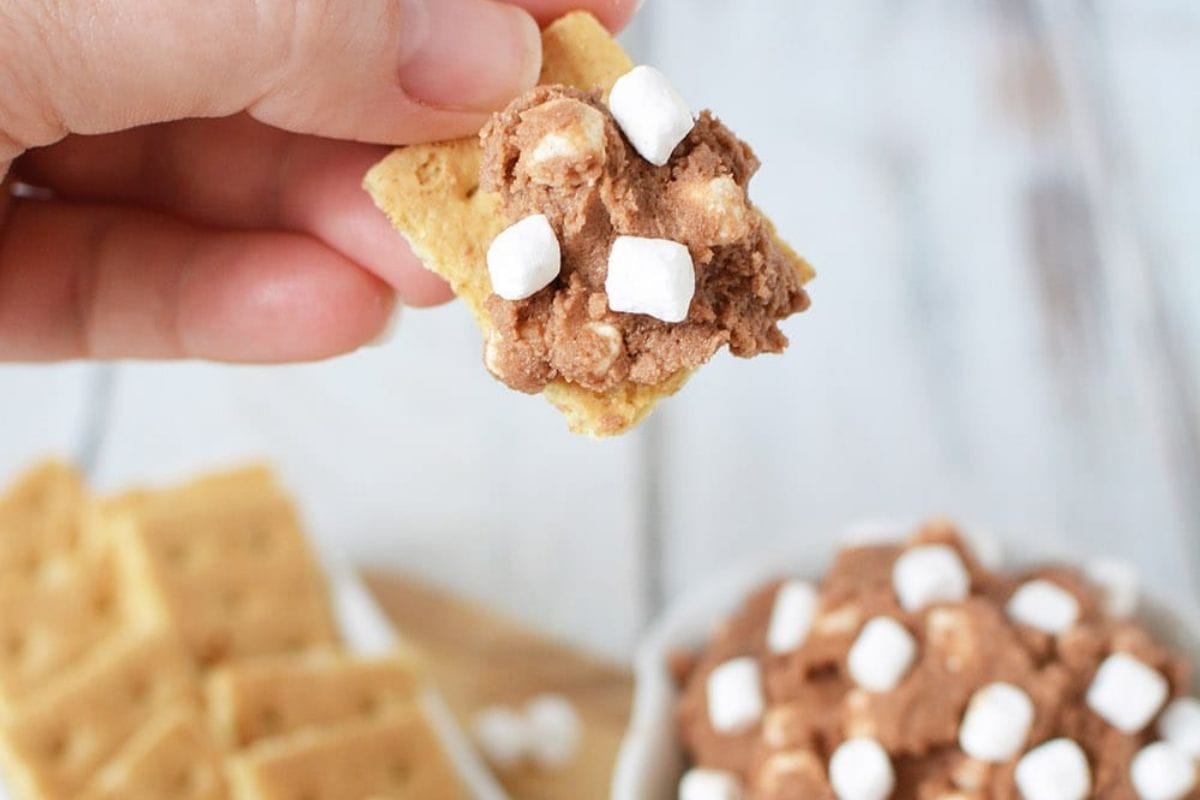 holding a graham cracker with smores cookie dough dip on it