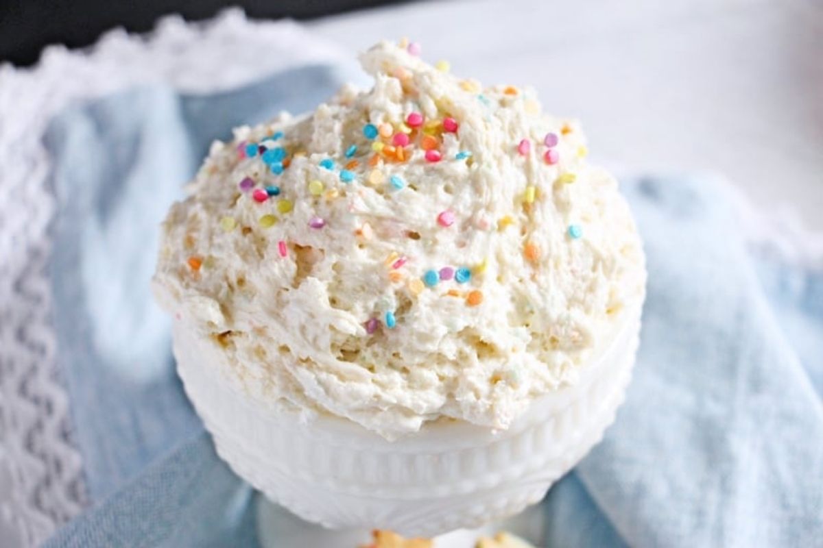 Fluffy Funfetti dip in a bowl