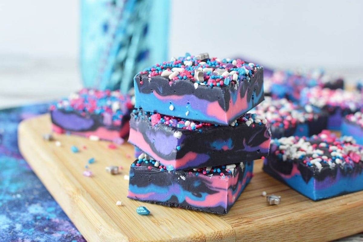 galaxy fudge stacked on a board