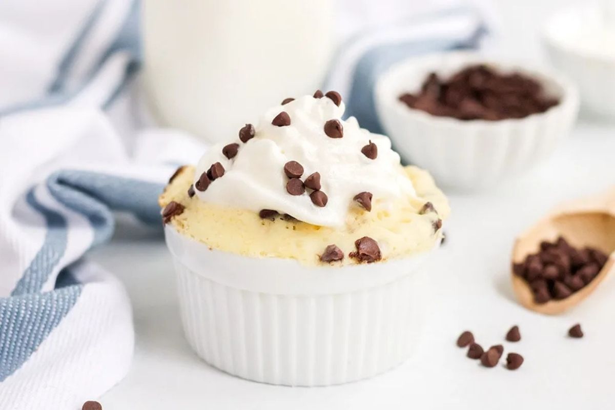 chocolate chip cake in a ramekin