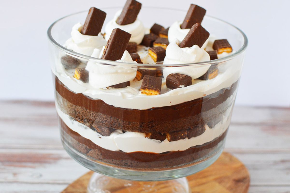 Chocolate cake, cookies, and pudding in a bowl