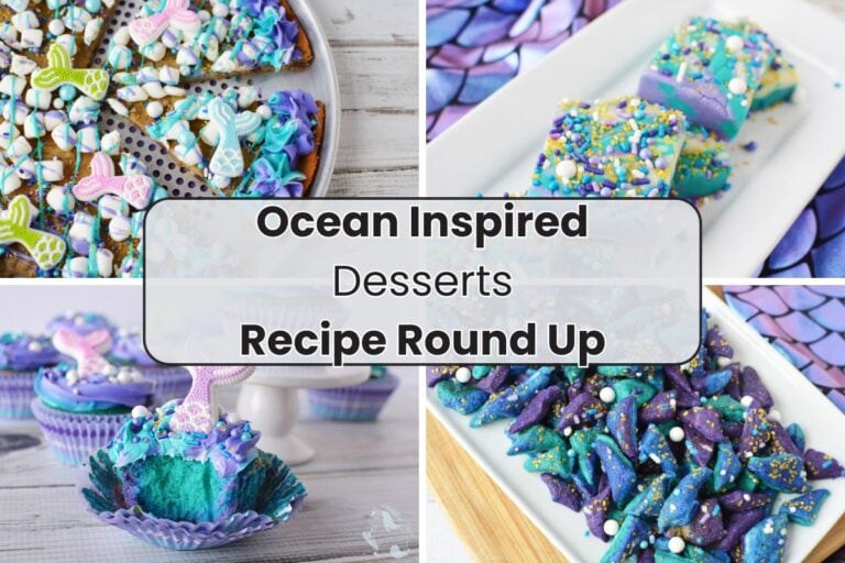 Four mermaid desserts in a collage