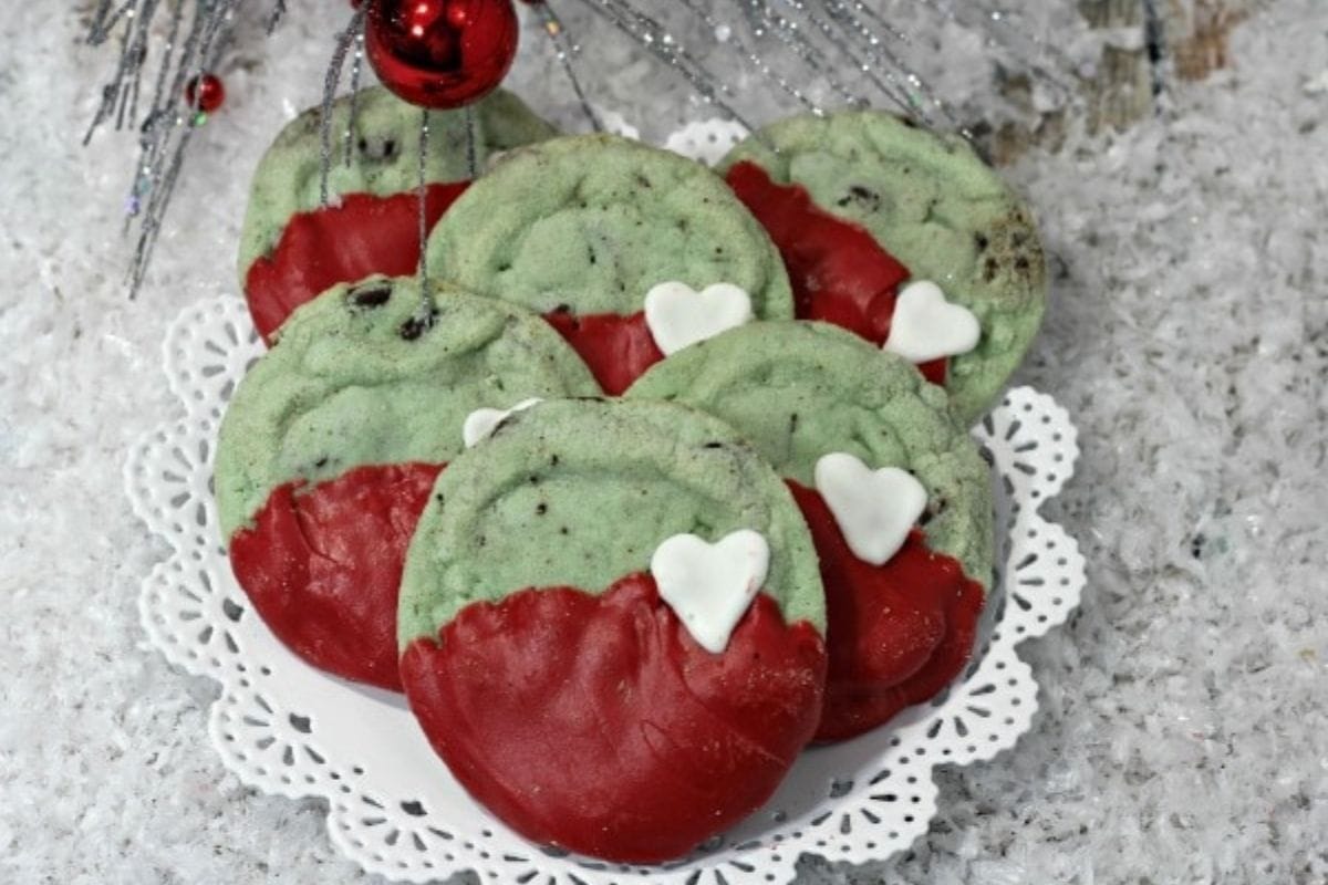 plate full of mint chip Grinch cookies