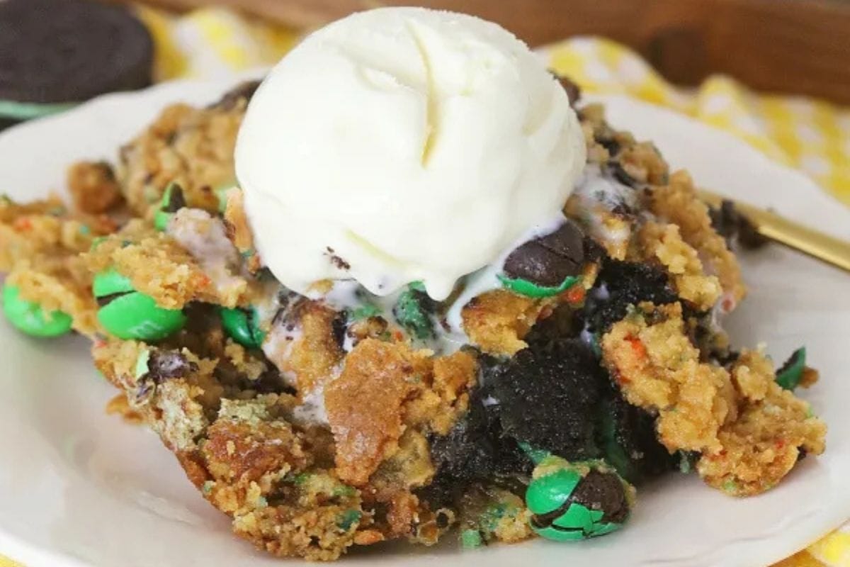 OREO dump cake topped with ice cream