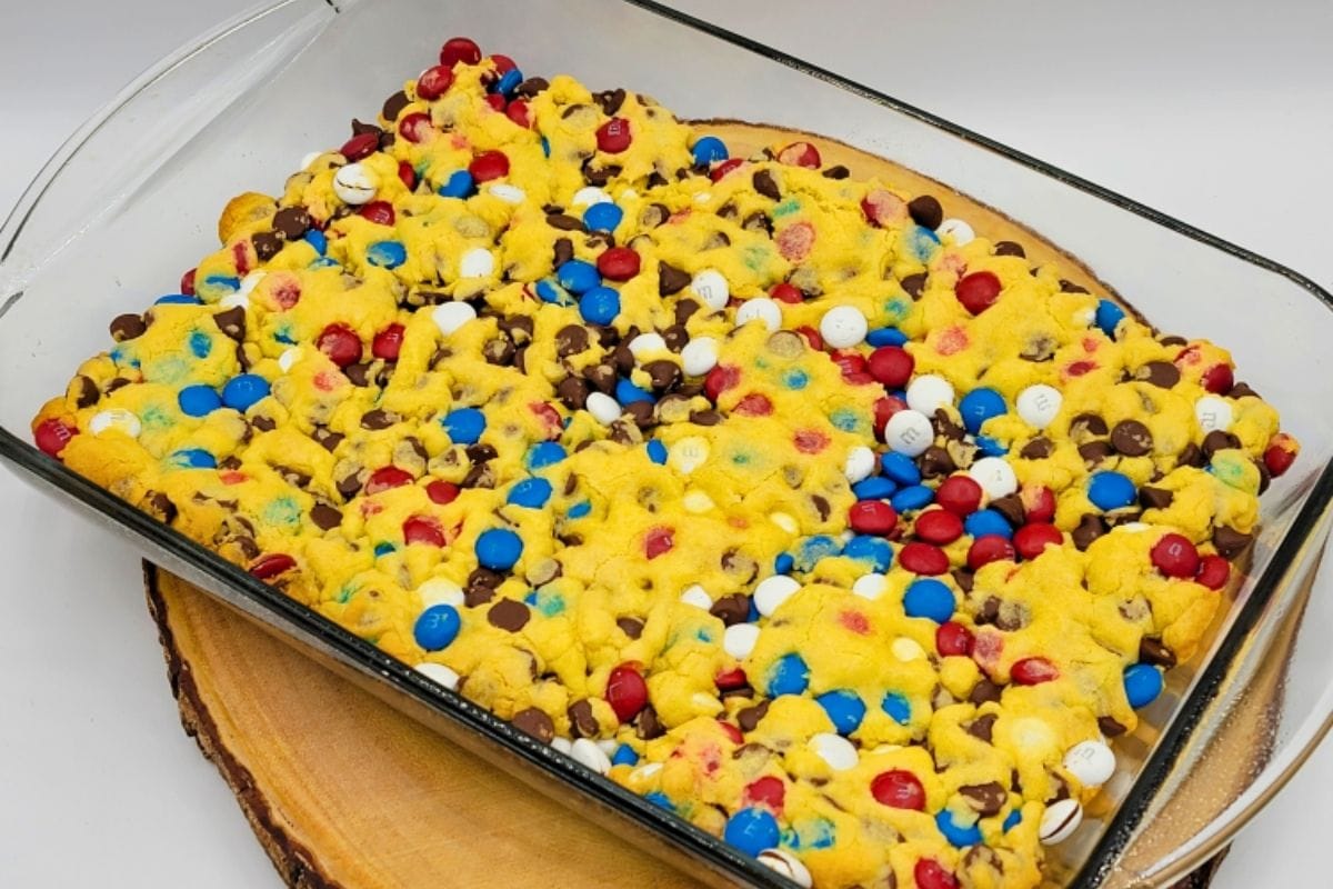 baked cookie bars in a pan