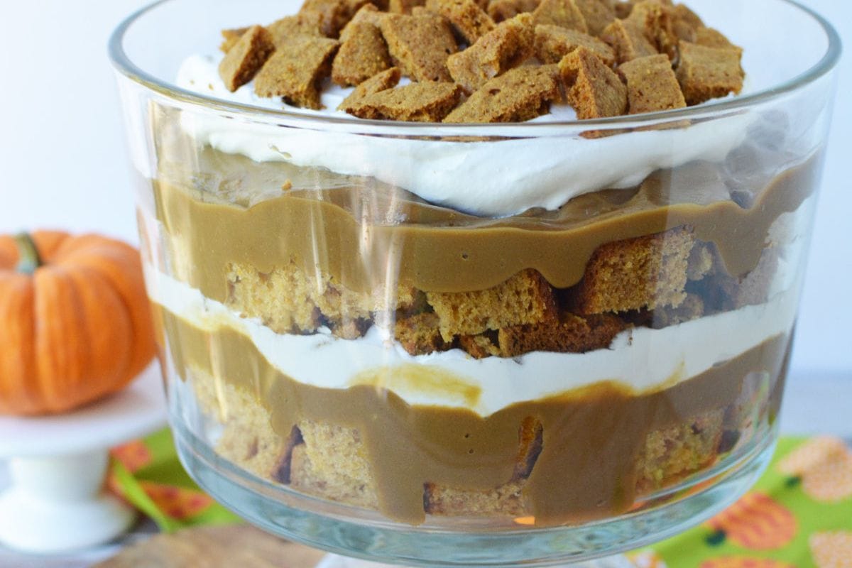 Pumpkin bread layered with pudding and whipped topping