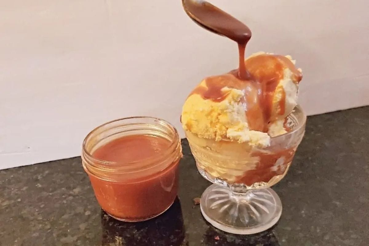 salted caramel sauce dripping onto ice cream