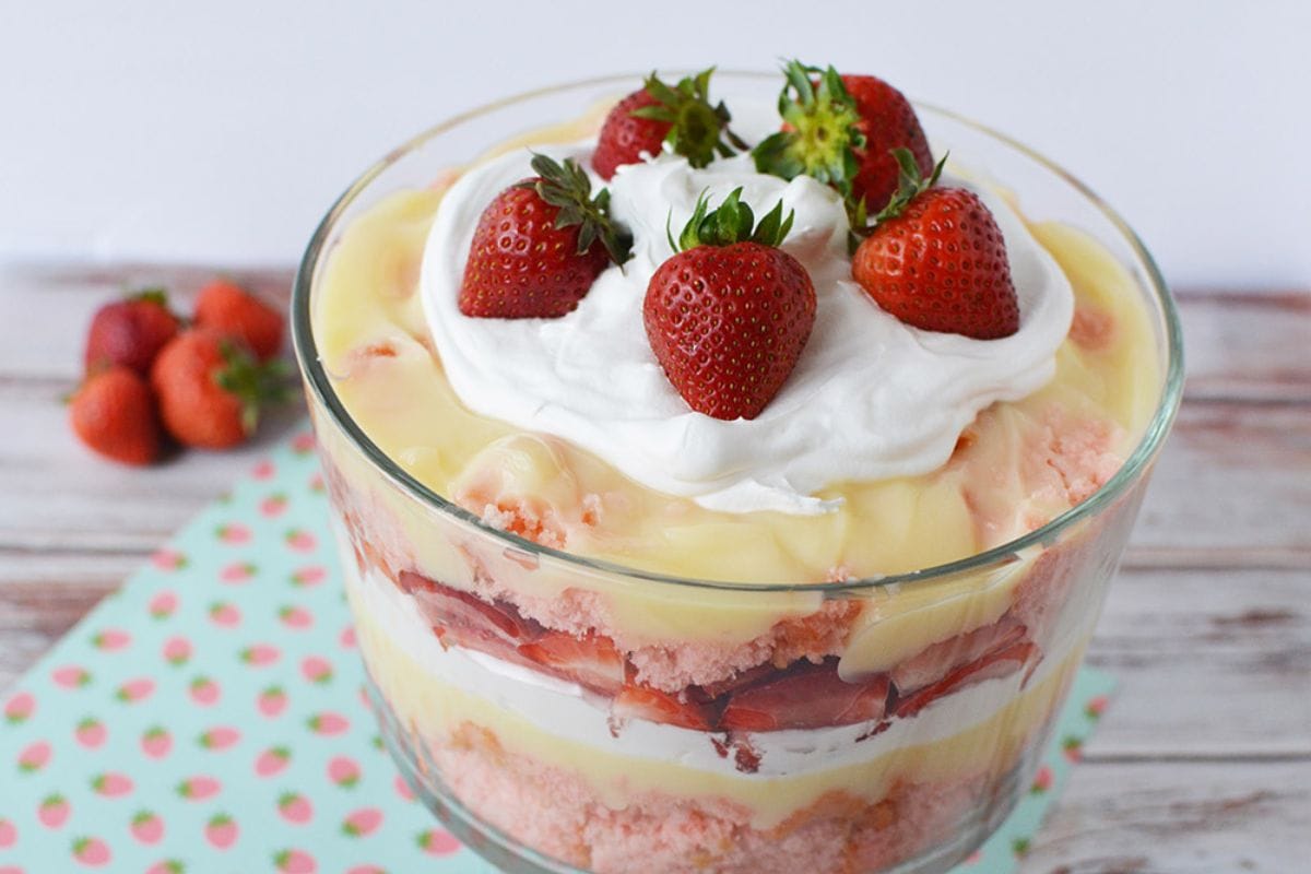 Strawberries on top of a trifle