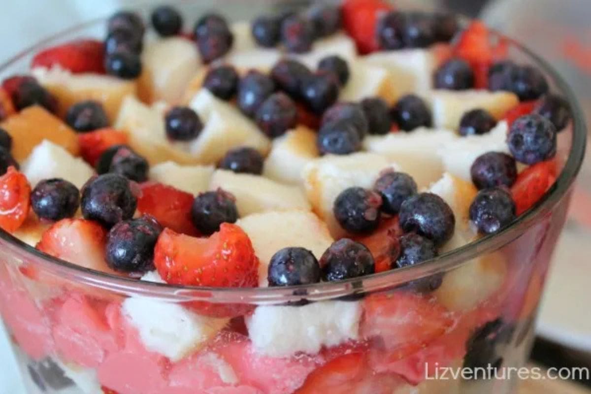Strawberries, blueberries, and shortcake in a bowl