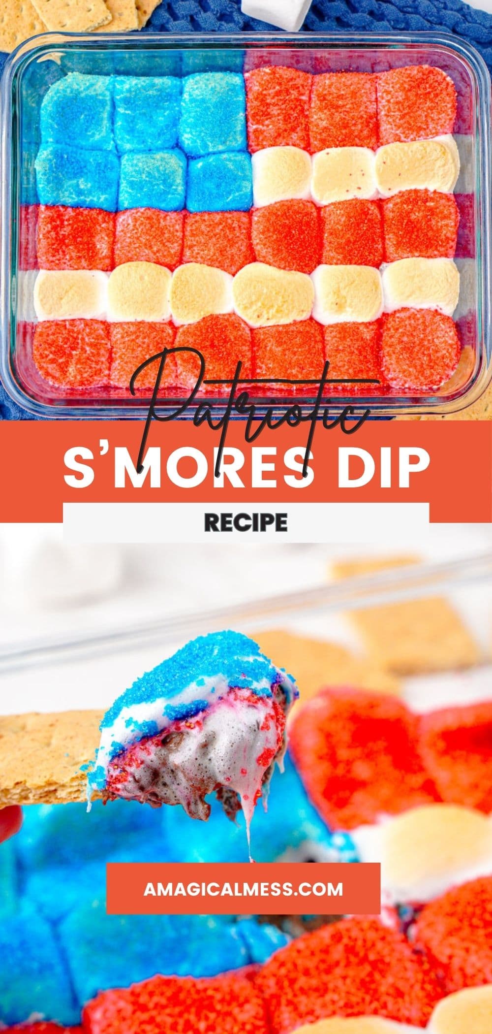 American flag smores dip and a graham cracker being dipped into it