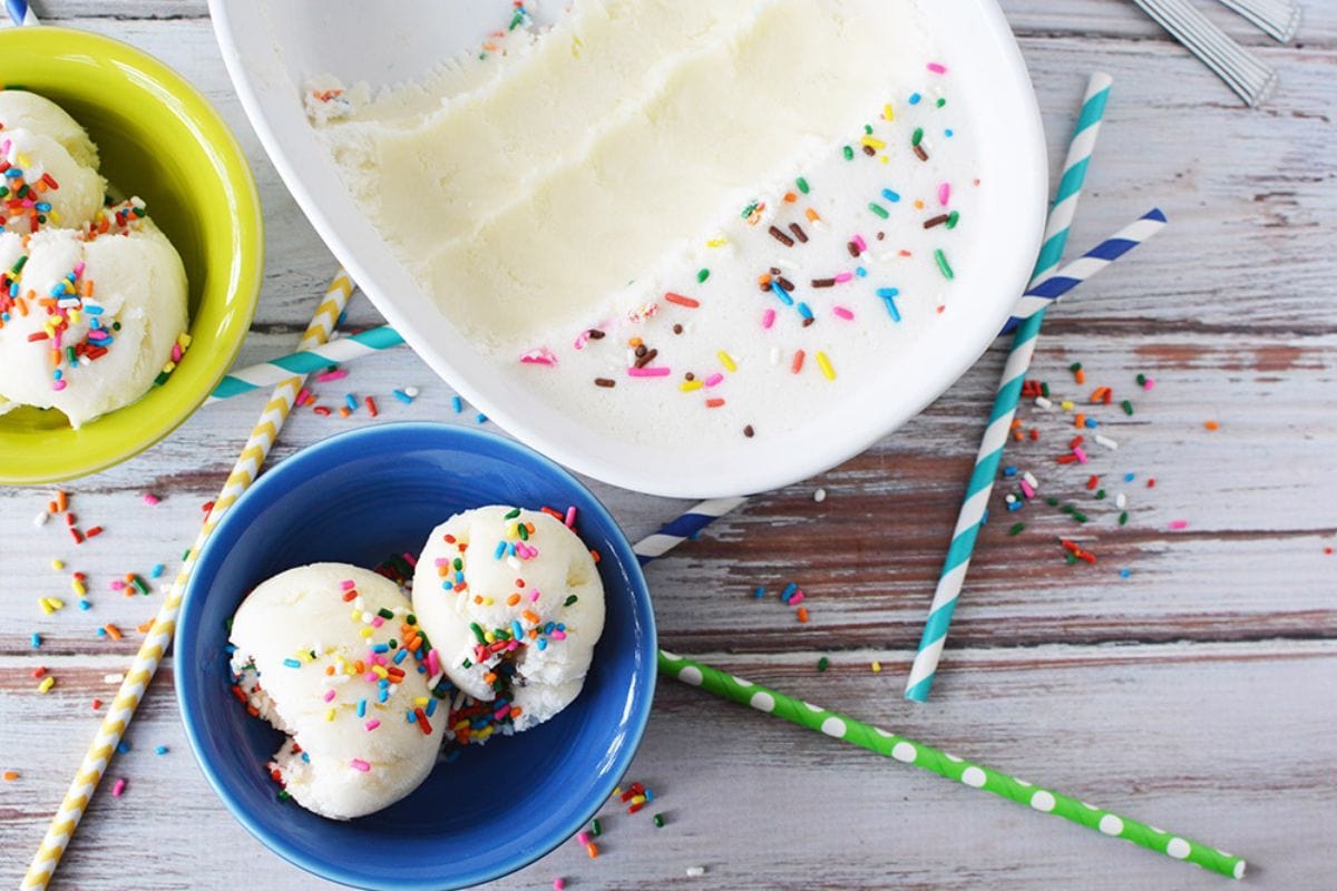 birthday cake ice cream in a bowl and the dish