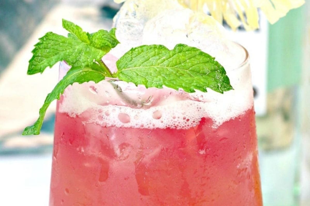 pink drink in a glass with mint leaves
