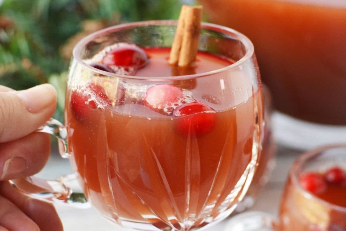 holding a glass of holiday punch with cranberries and a cinnamon stick