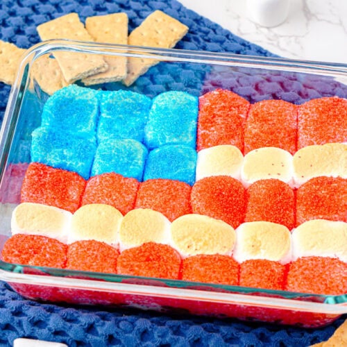 Red, white, and blue flag smores dip with graham crackers