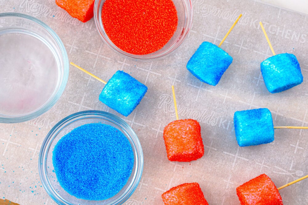 marshmallows dipped in red and blue sanding sugar
