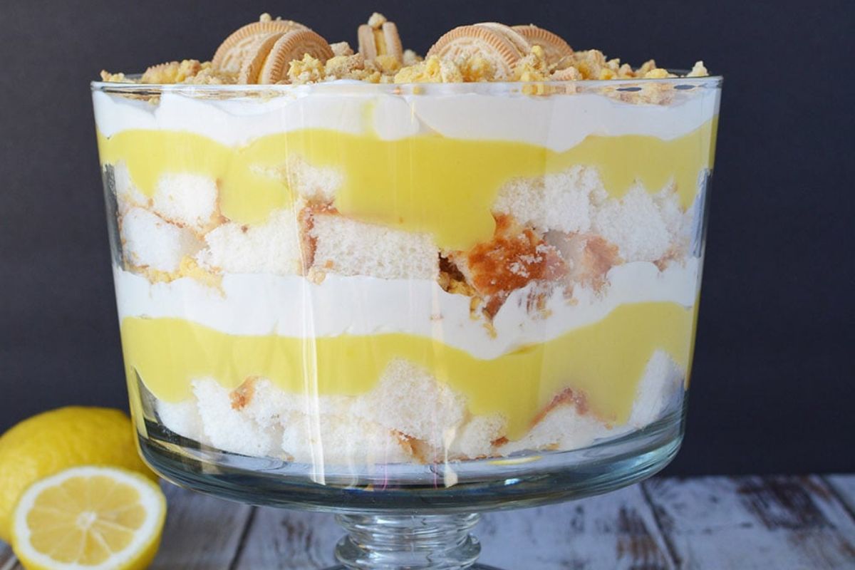 layered lemon trifle in a bowl
