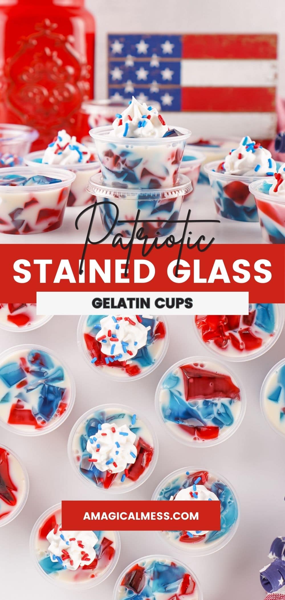Red, white, and blue stained-glass gelatin shots in cups.