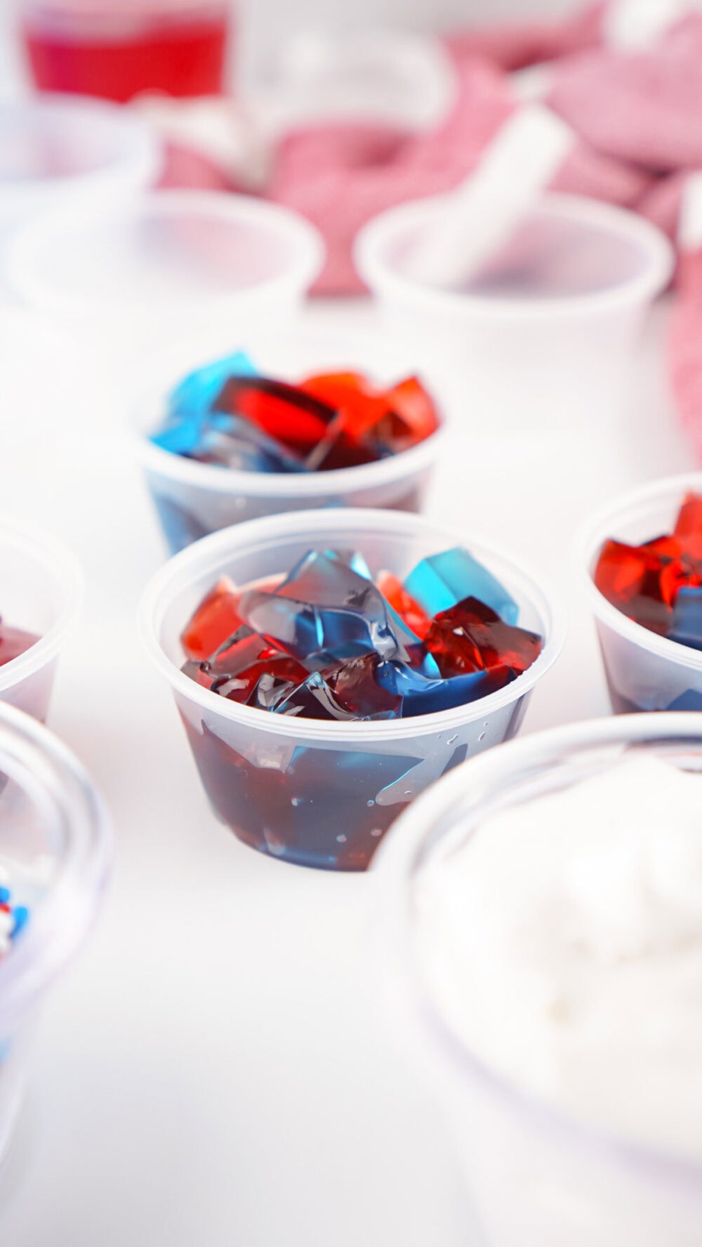 red and blue gelatin cut into cubes