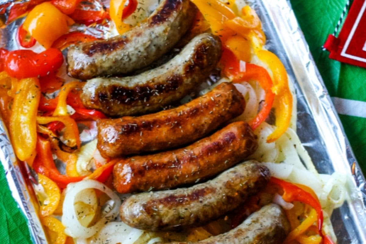 sausage and peppers on a sheet pan