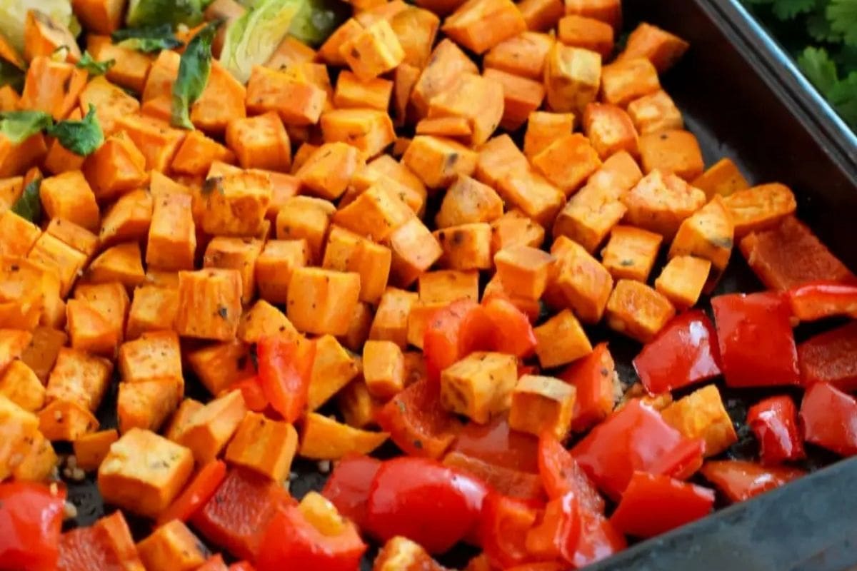 potatoes and veggies on a sheet pan