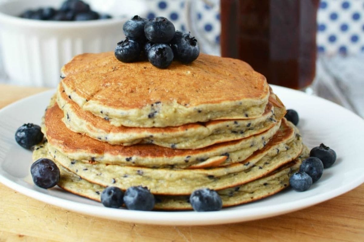 stack of pancakes with blueberries on top