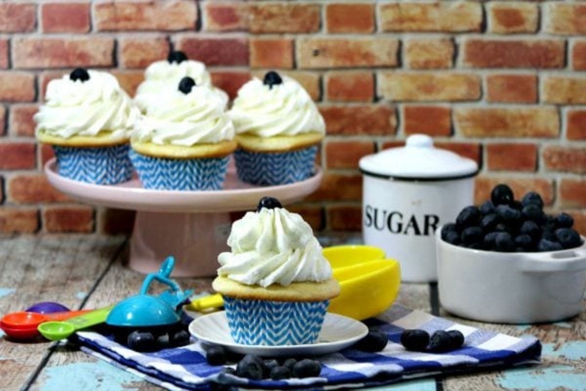 blueberry pie cupcakes on a platter