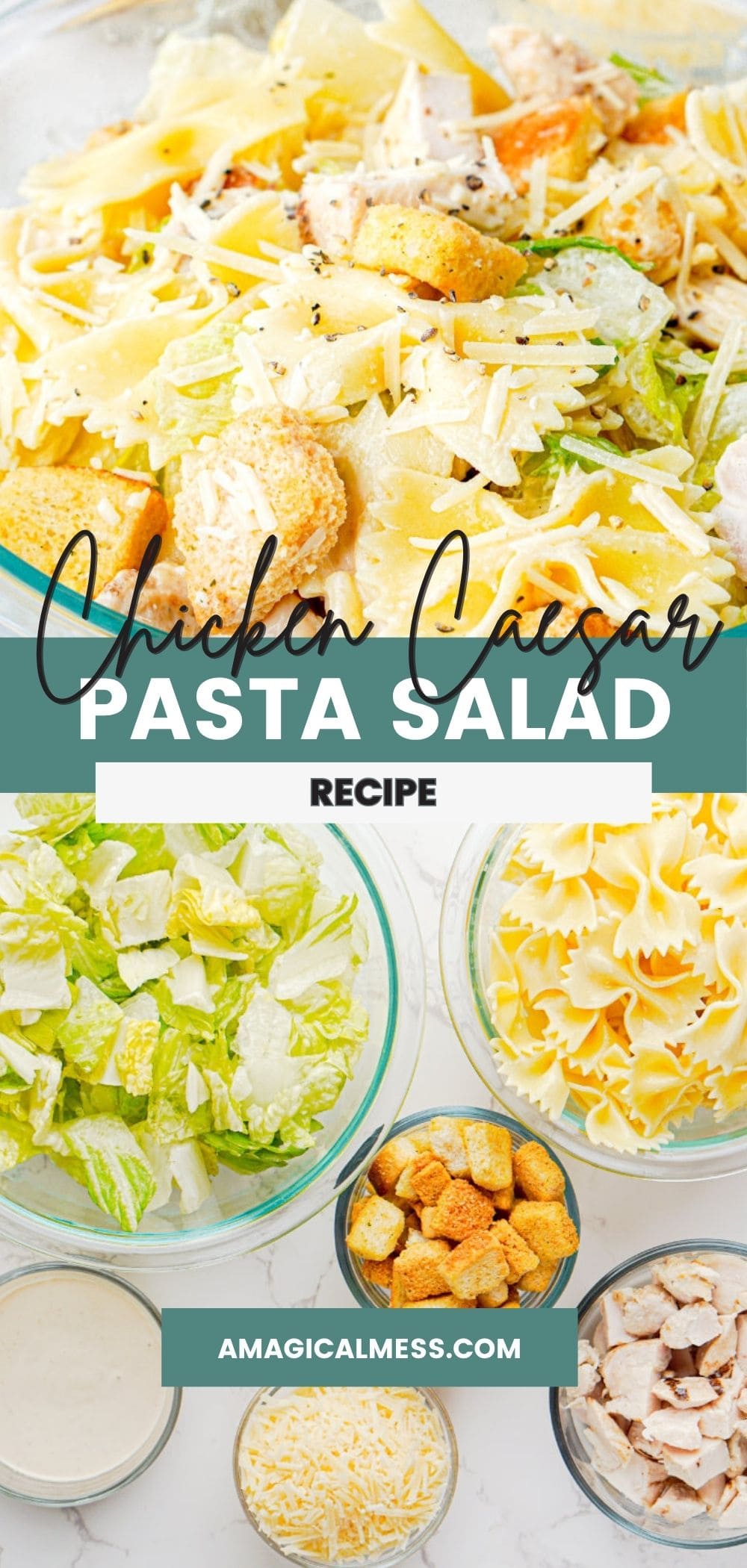 chicken caesar pasta salad ingredients and finished salad in a bowl