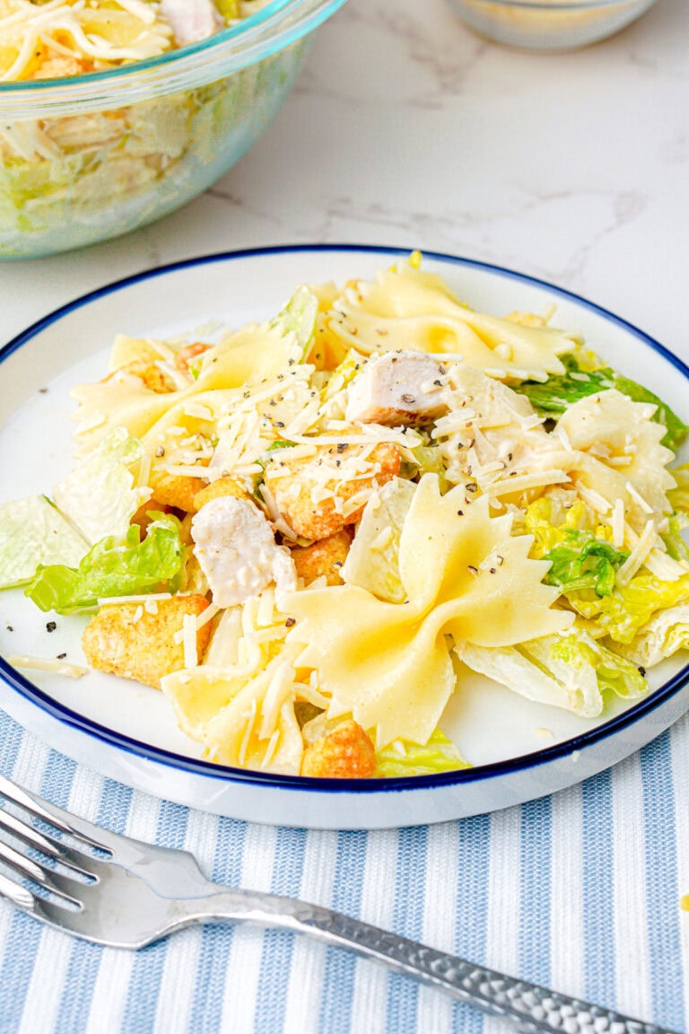 chicken caesar pasta salad in a bowl