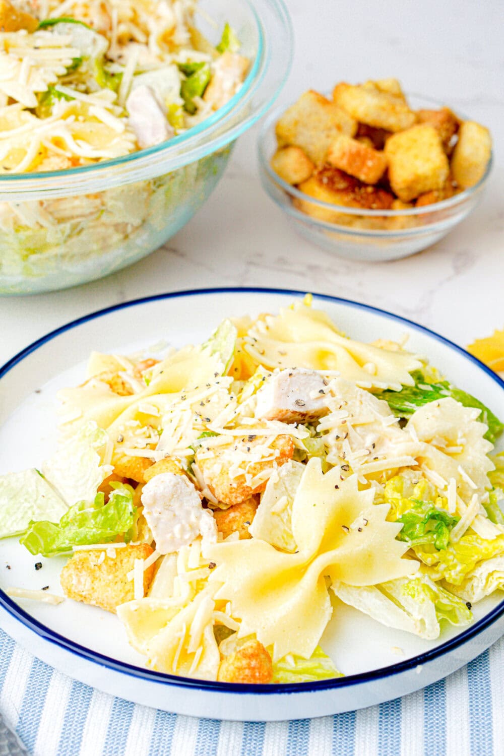 Chicken caesar pasta salad on a plate
