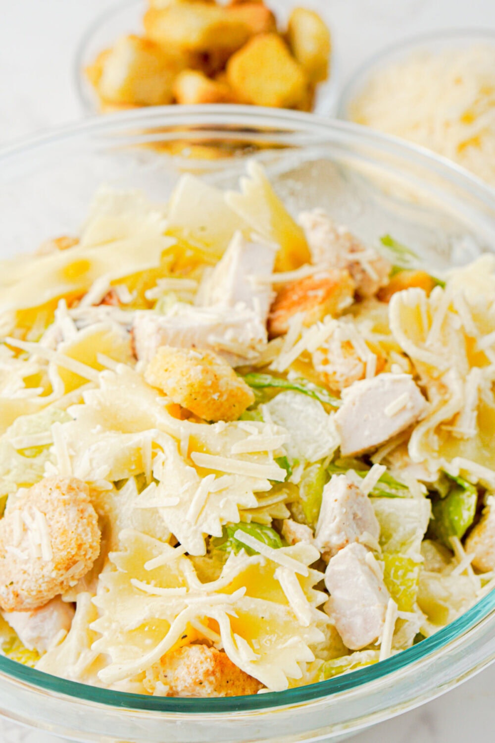 bowl of chicken caesar pasta salad