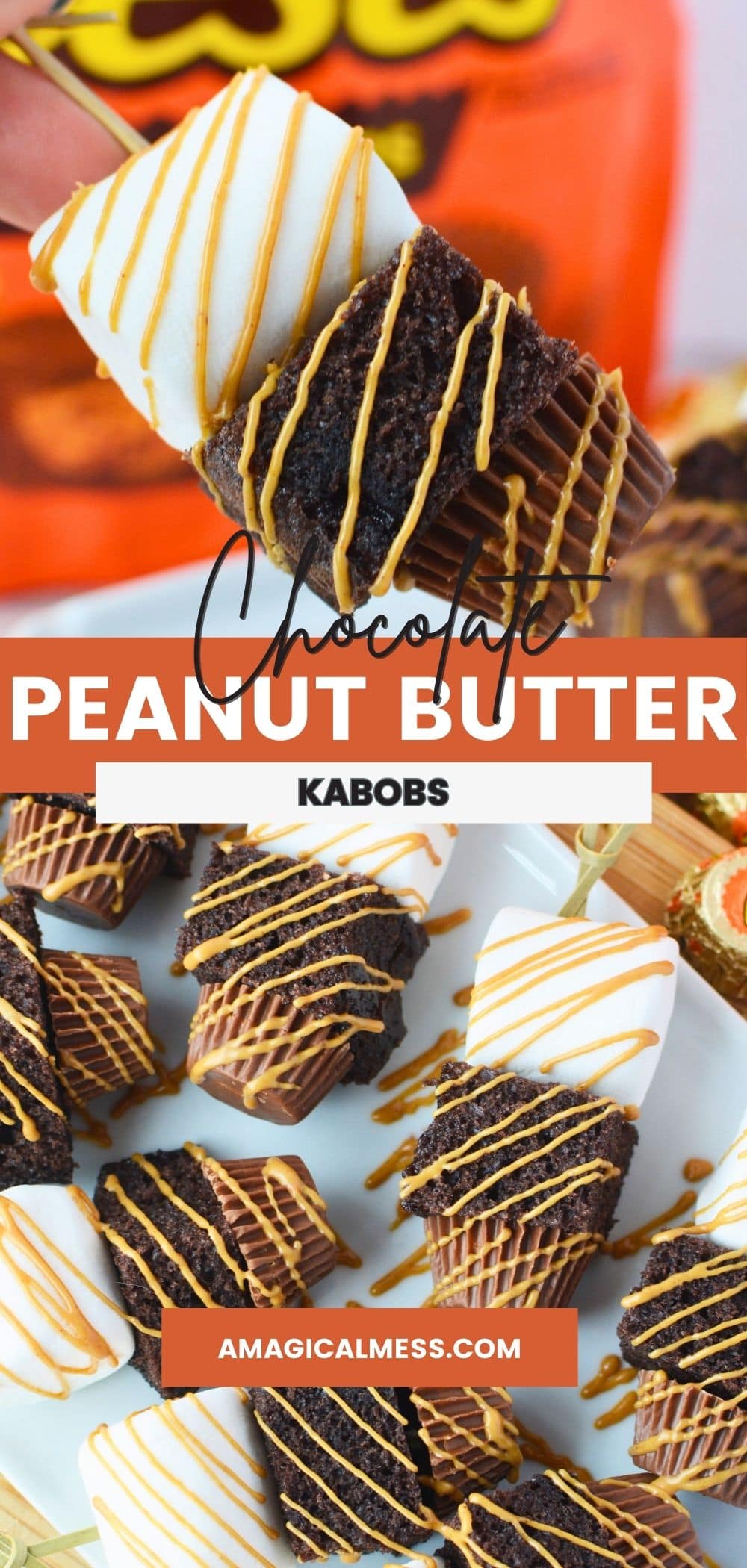 peanut butter cups, cake, and marshmallows on skewers