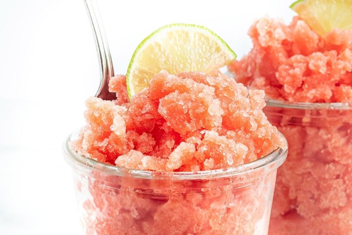 watermelon granita topped with a lime slice