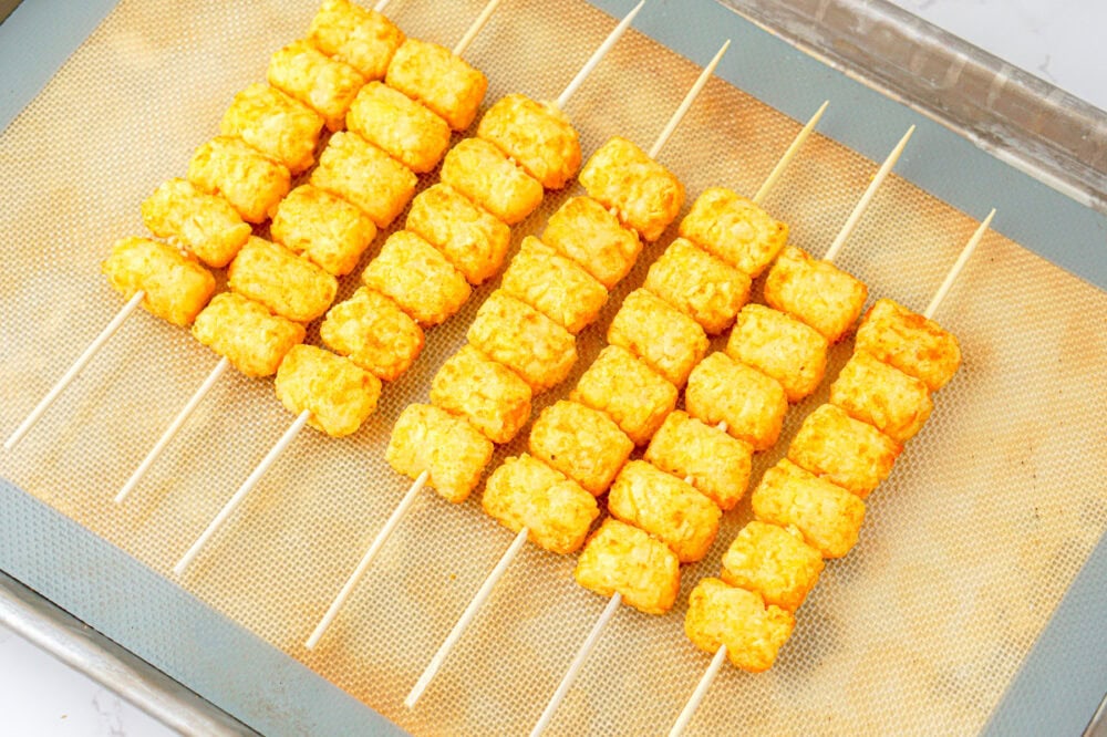 tater tots threaded on skewers