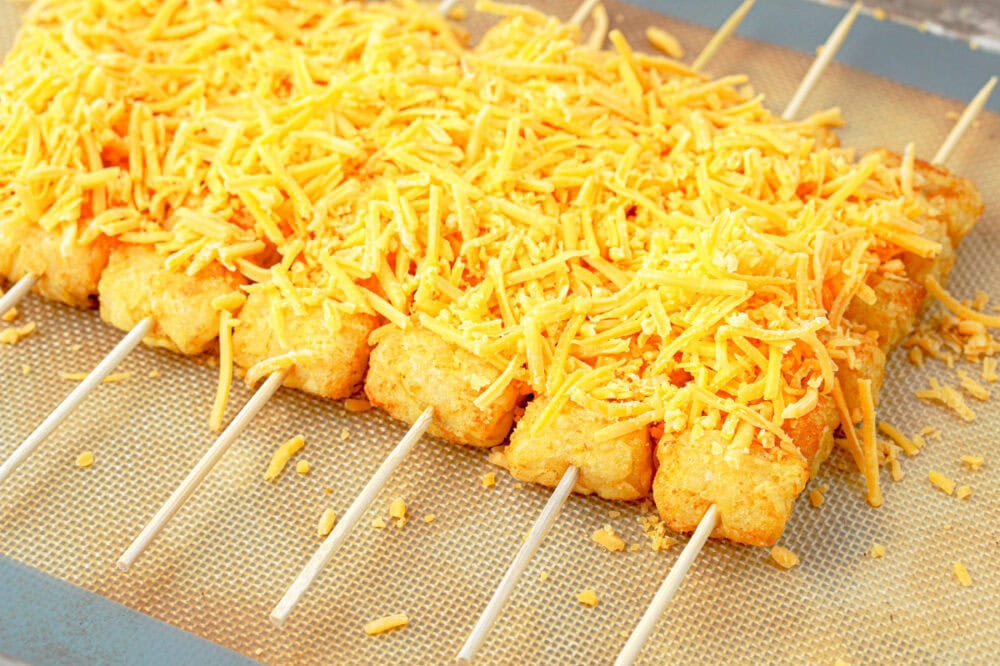 cheddar cheese on tater tot skewers