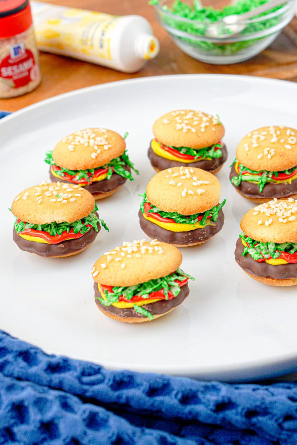 Mini burger cookies on a plate