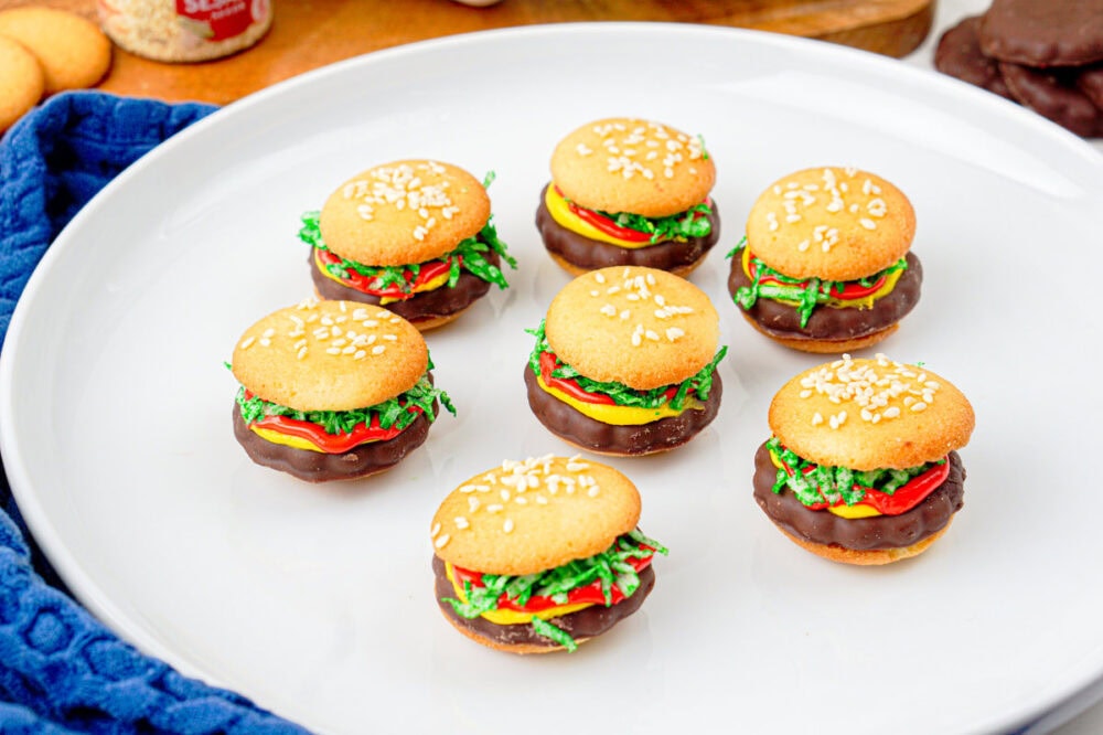 Plate full of hamburger cookies