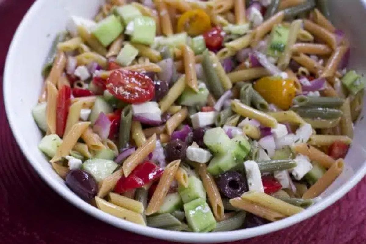 Greek pasta salad in a bowl