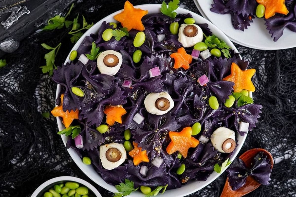 black pasta salad with cheese eyeball