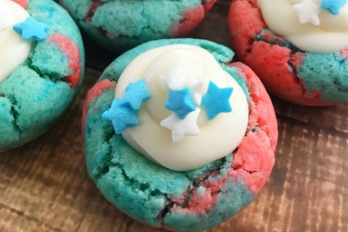 red, white, and blue cookies with creamy center