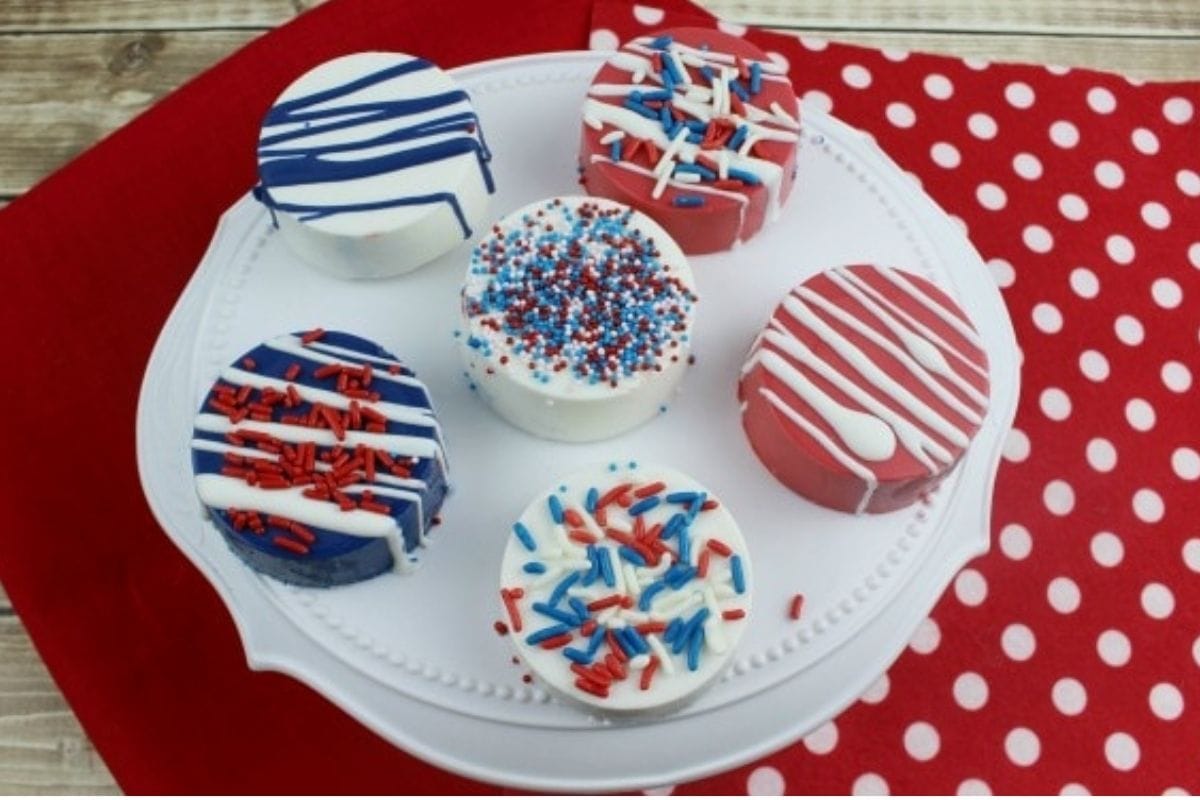 Oreo cookies dipped in red, white, and blue chocolate