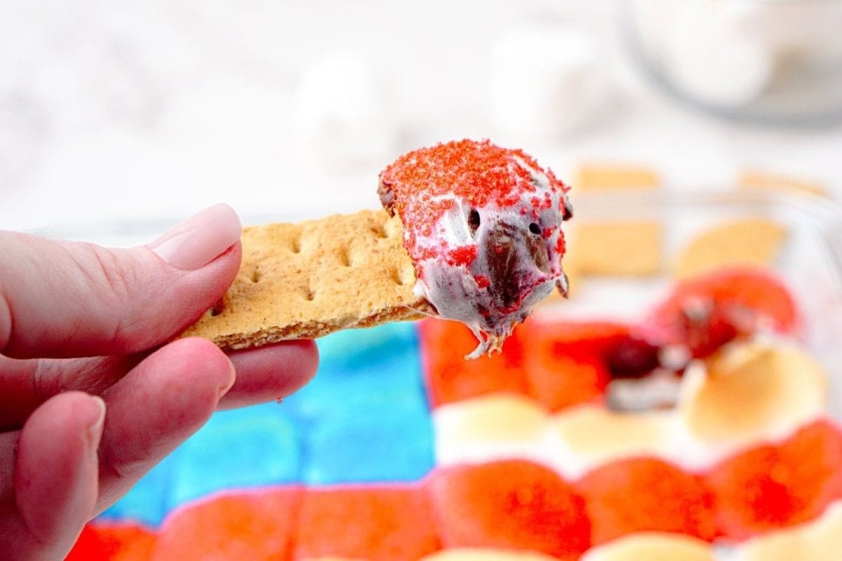 graham cracker that was dipped in flag s'mores dip