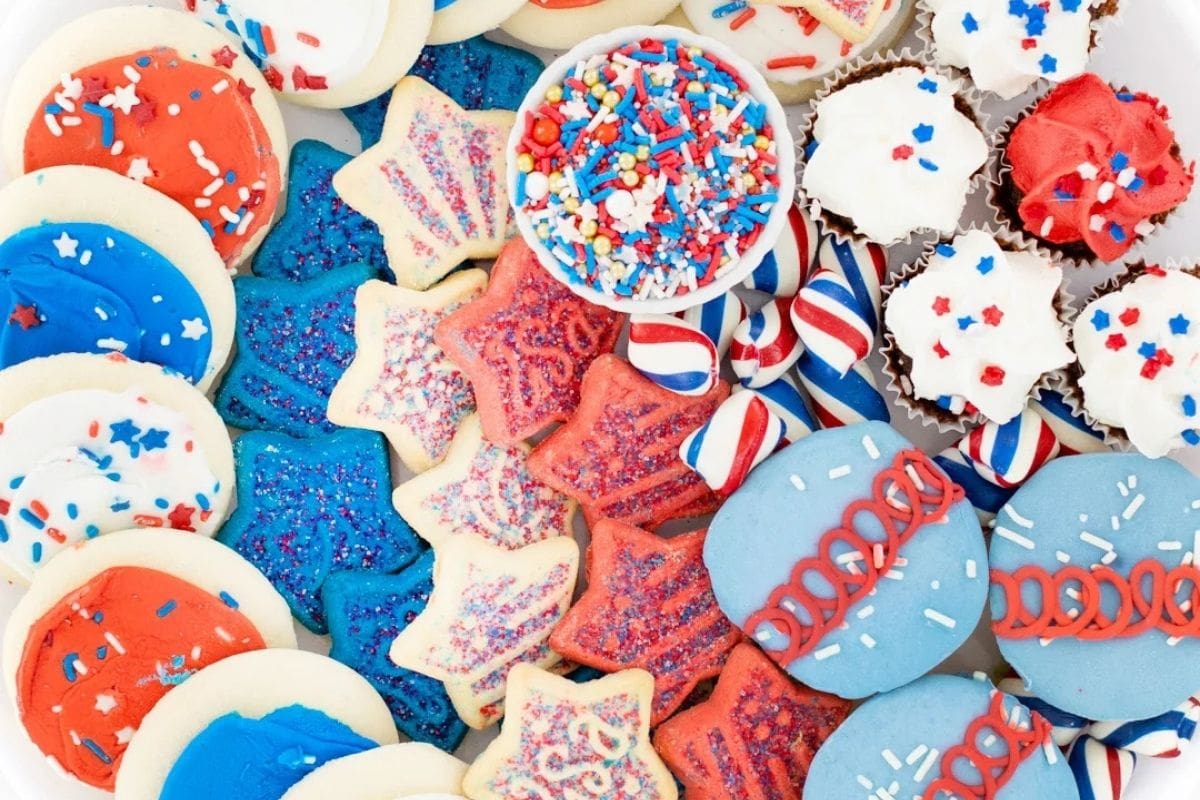 red, white, and blue dessert board