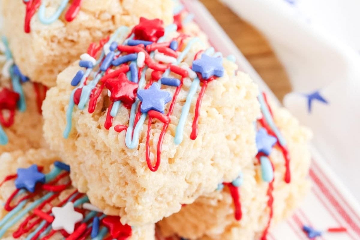 rice crispy treats with 4th of July sprinkles