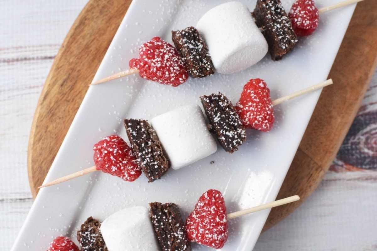 raspberries and brownies on skewers