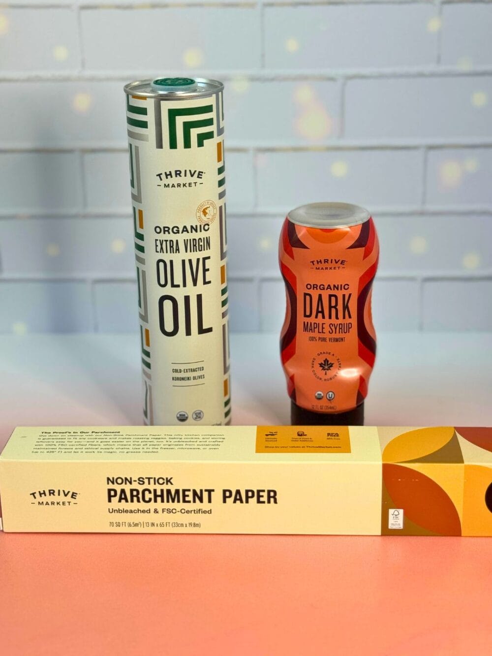 olive oil, parchment paper, and dark maple syrup