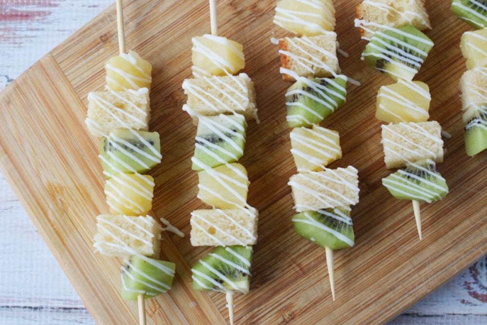 skewers of pineapple, kiwi, and pound cake