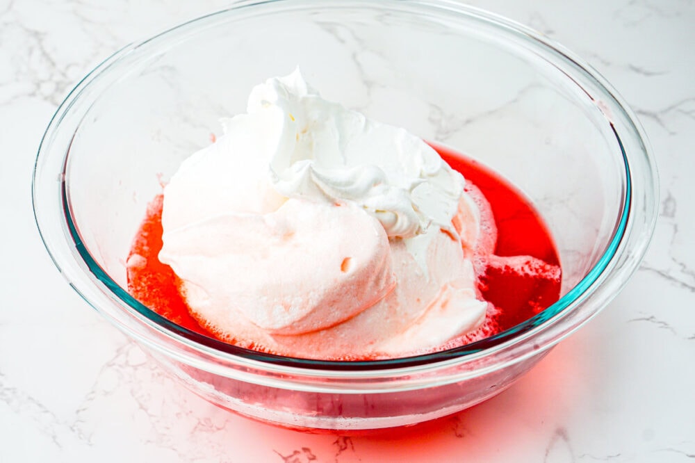 red jello mixed with whipped topping