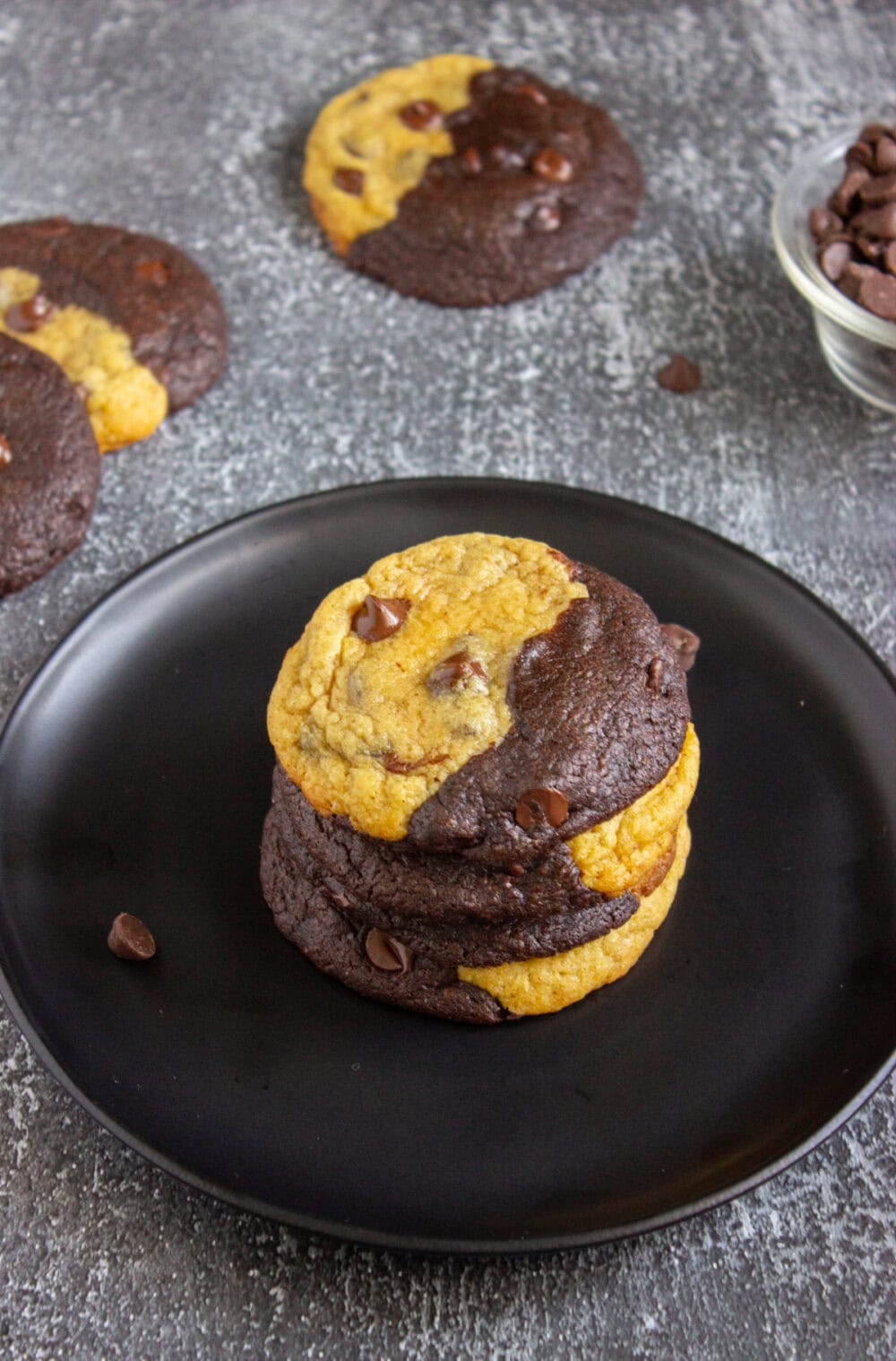 stack of brownie chocolate chip cookies on a plate