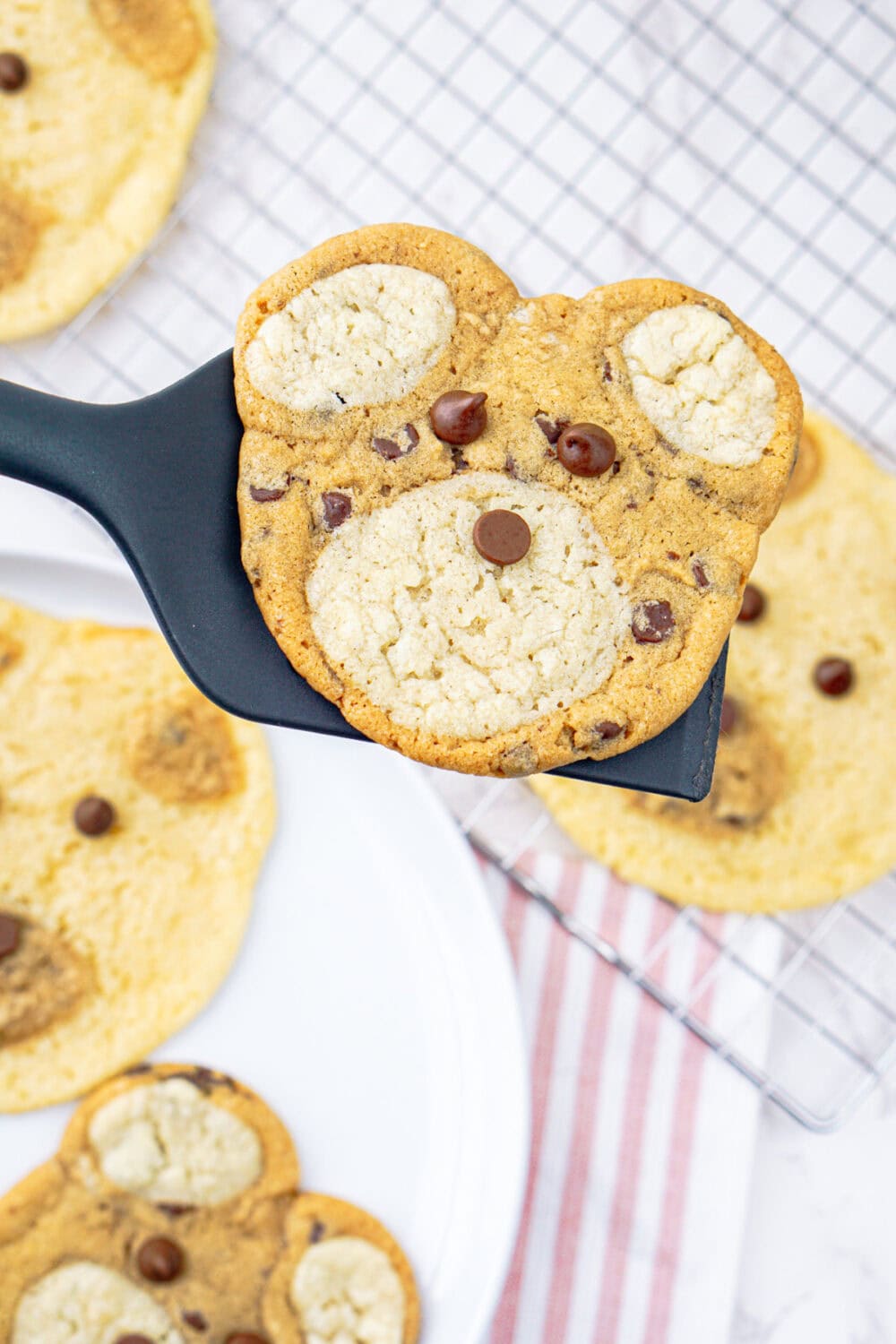 Holding a cookie that looks like a bear on a spatula