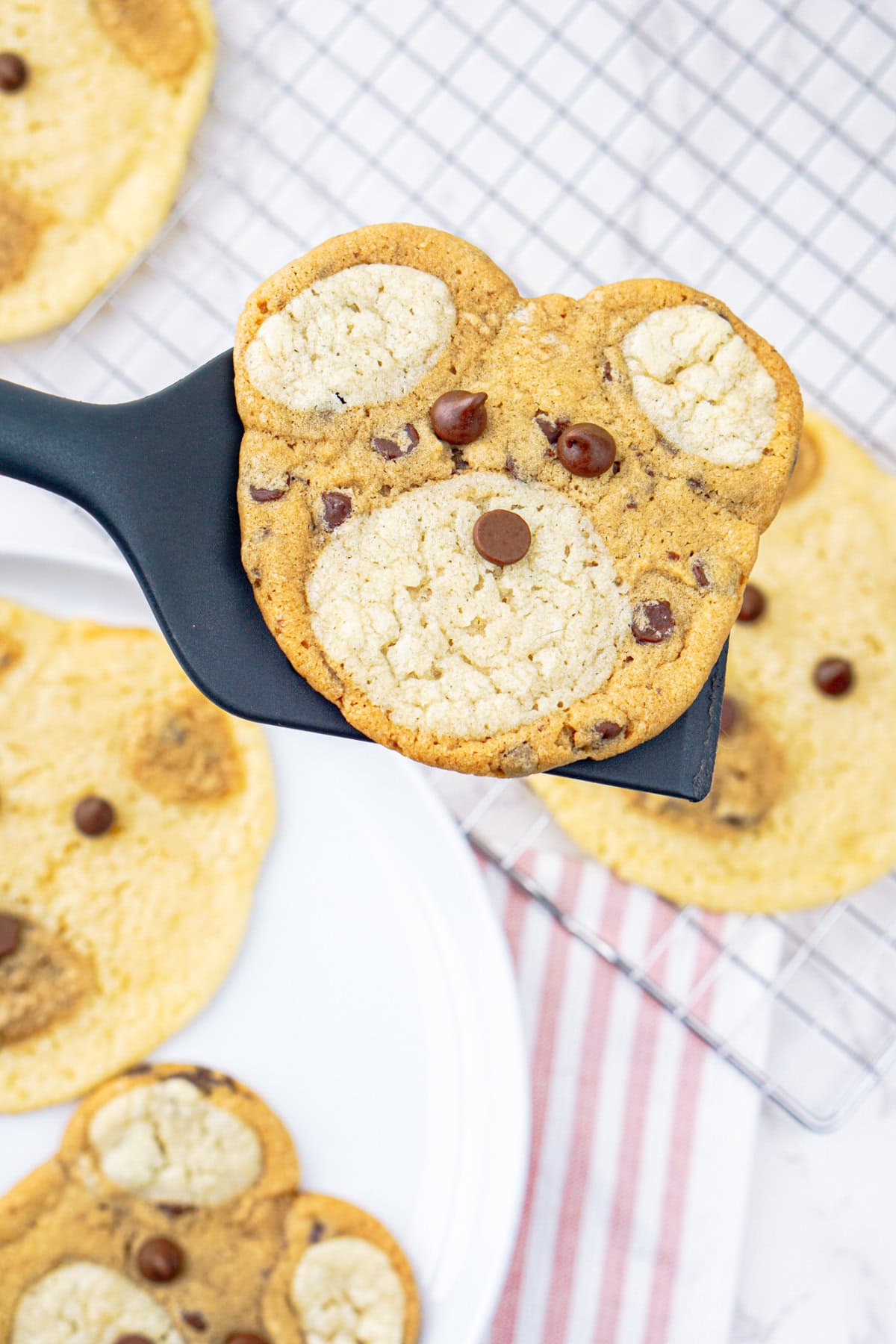 Holding a cookie that looks like a bear on a spatula